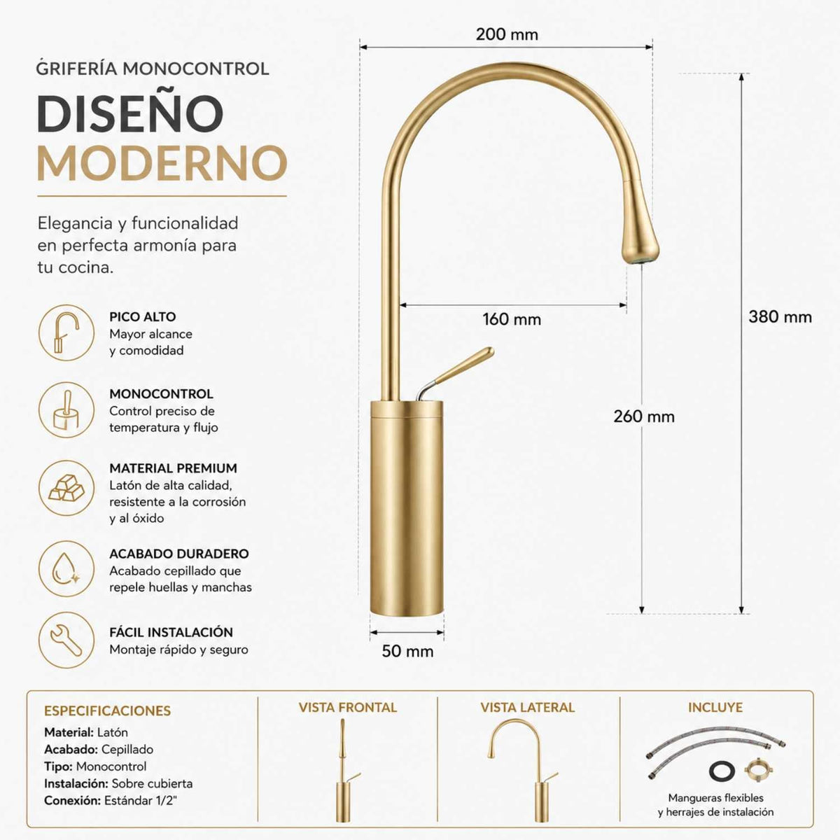 Grifería Monocontrol Arco Alto Metálica