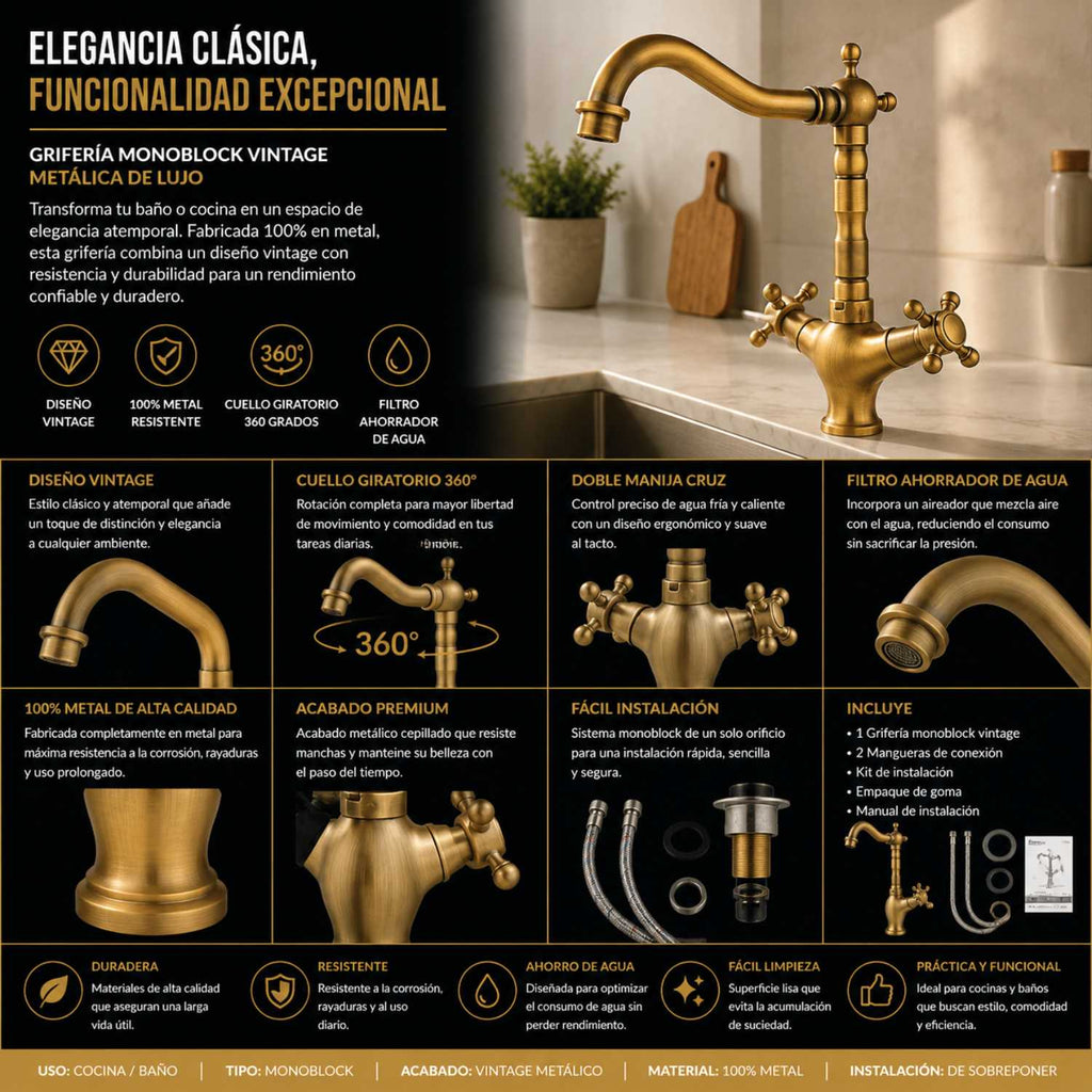 Grifería Monocontrol Esparta Vintage Para Cocina O Baño