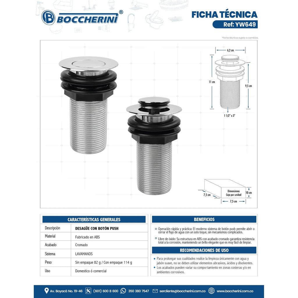 Ficha técnica desagüe push cromado Boccherini