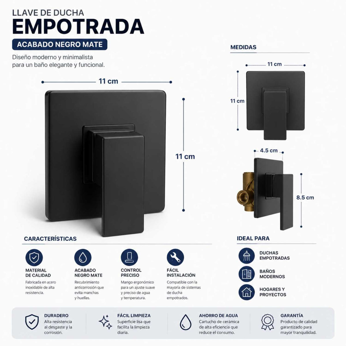 Grifería Ducha Monocontrol Negra Cuadrada Alta Calidad