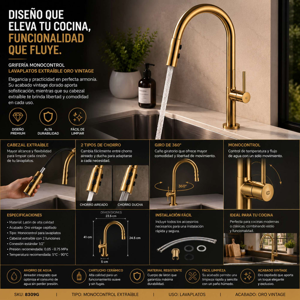 Grifería Monocontrol Lavaplatos Extraíble Oro Vintage