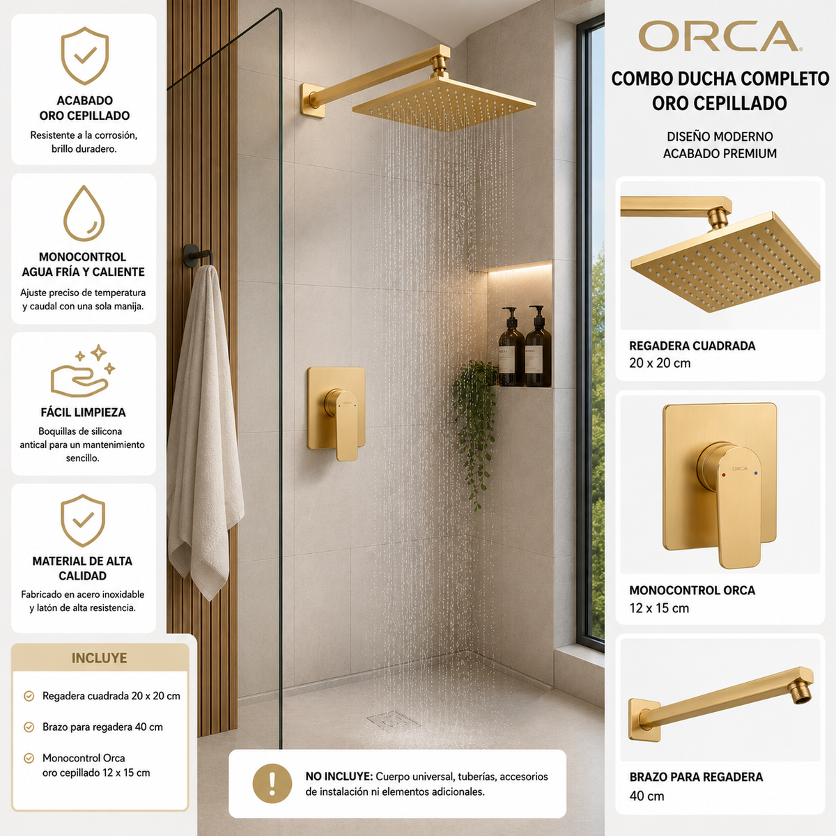 Conjunto De Ducha Orca Oro Cepillado Monocontrol 20 X 20 cm