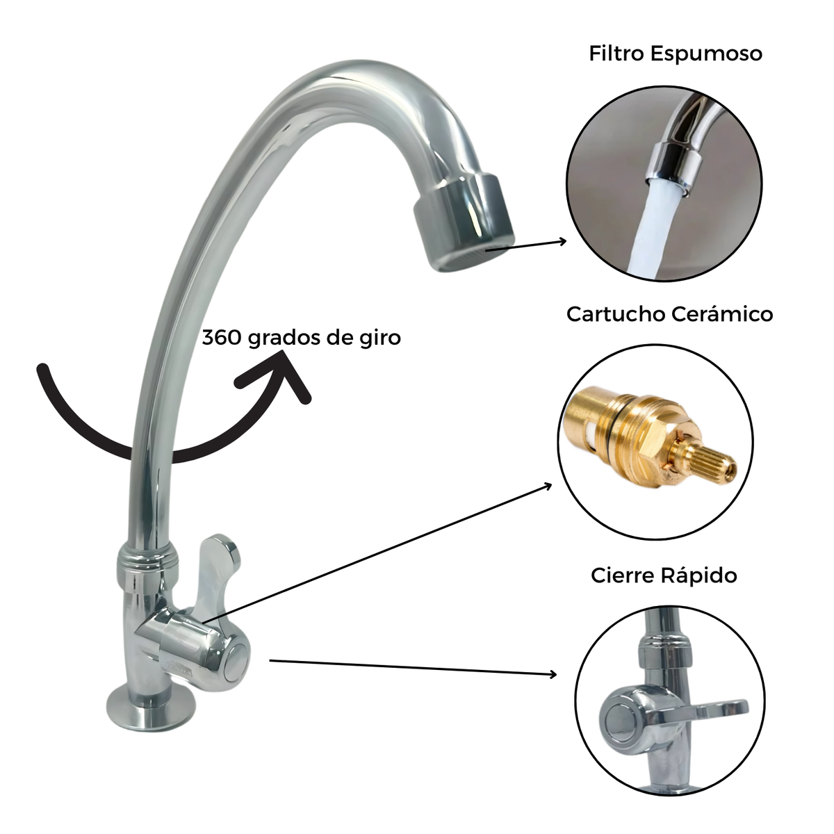 Grifería para Lavaplatos Cuello Alto Cromada 32,5 cm