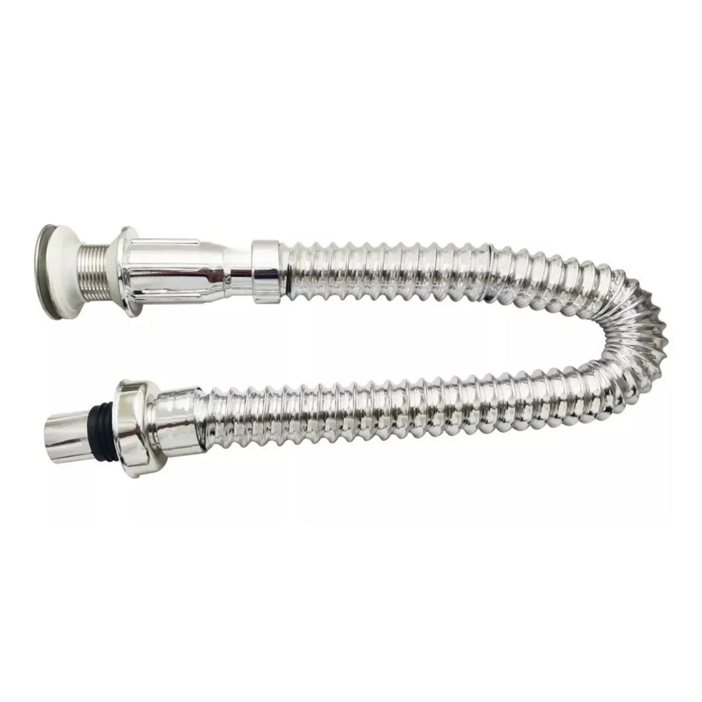 Kit Grifería Lavamanos Poste Alto Agua Fría + Sifón Desagüe Push Flexible Corrugado - Acero Inoxidable y Cromado