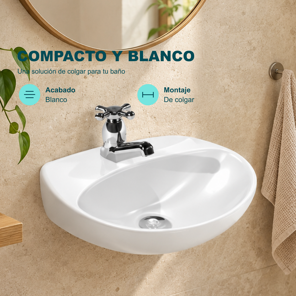 Lavamanos blanco de colgar: acabado blanco y montaje mural; grifería de ambientación no incluida