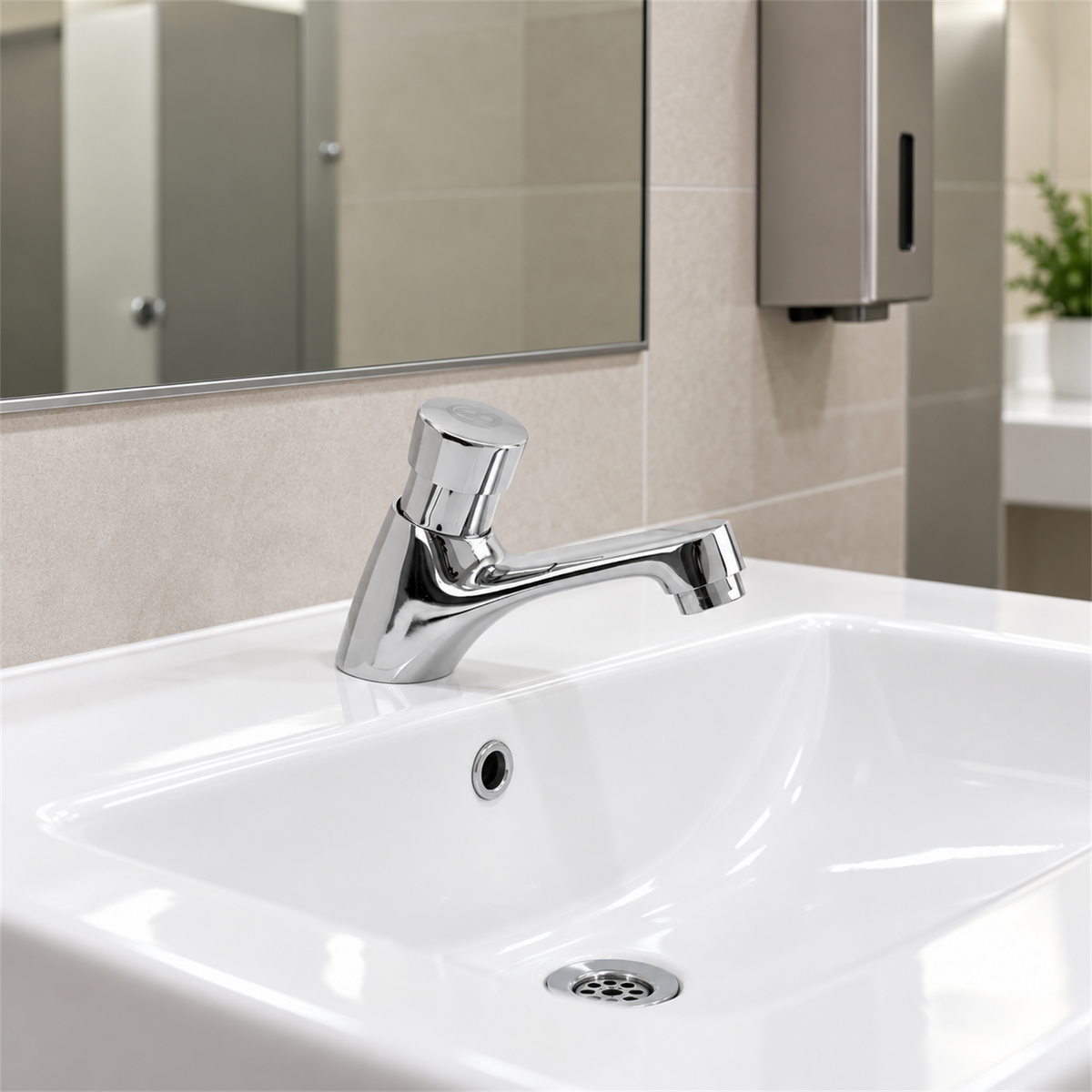Llave push baja para lavamanos instalada en baño