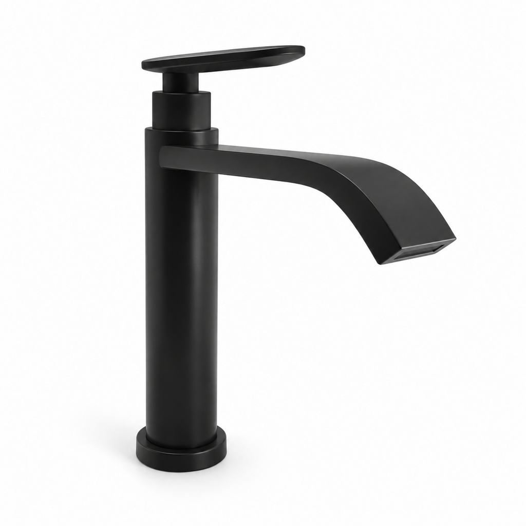 Llave negra de agua fría para lavamanos sobre fondo claro