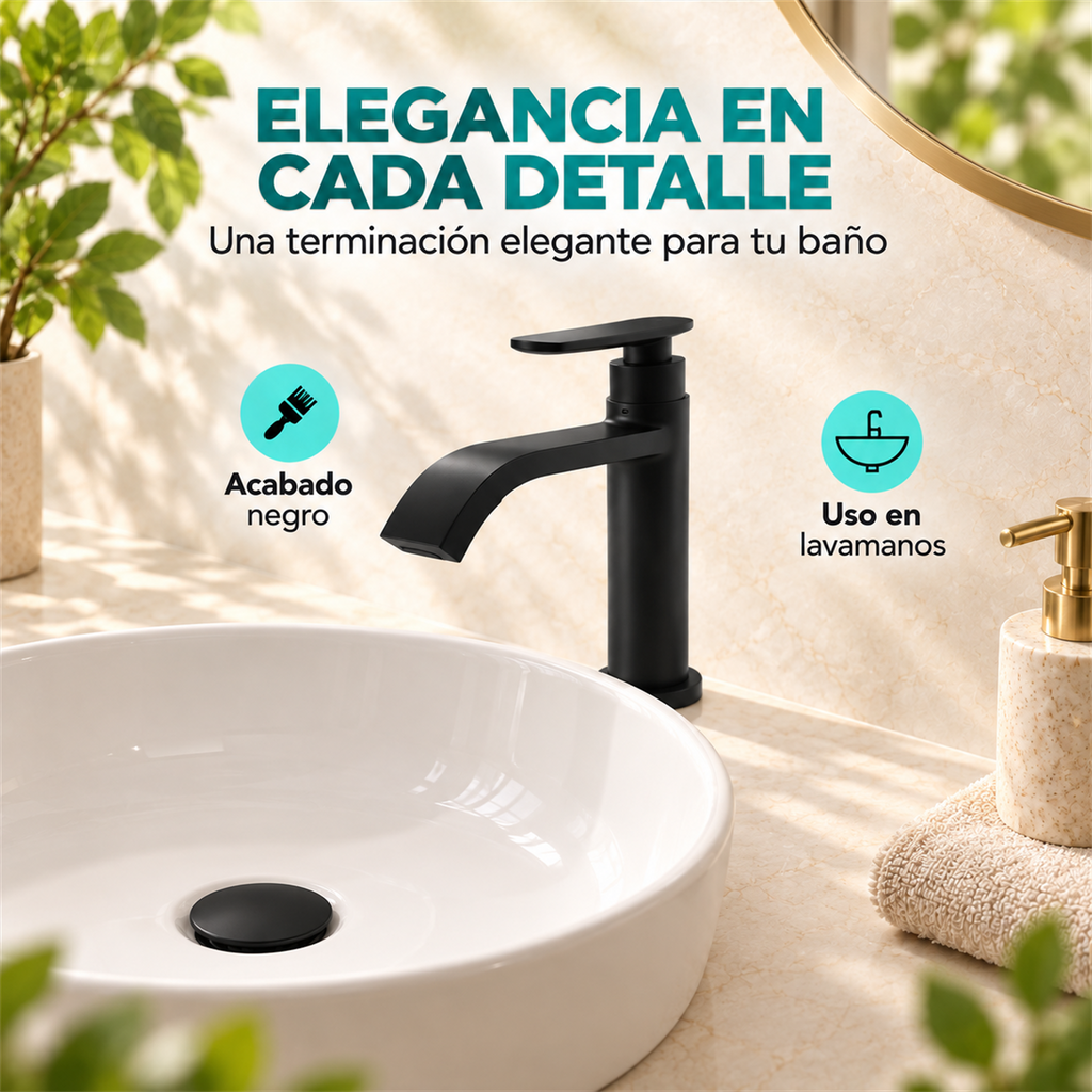 Detalle de llave negra para lavamanos y sus características