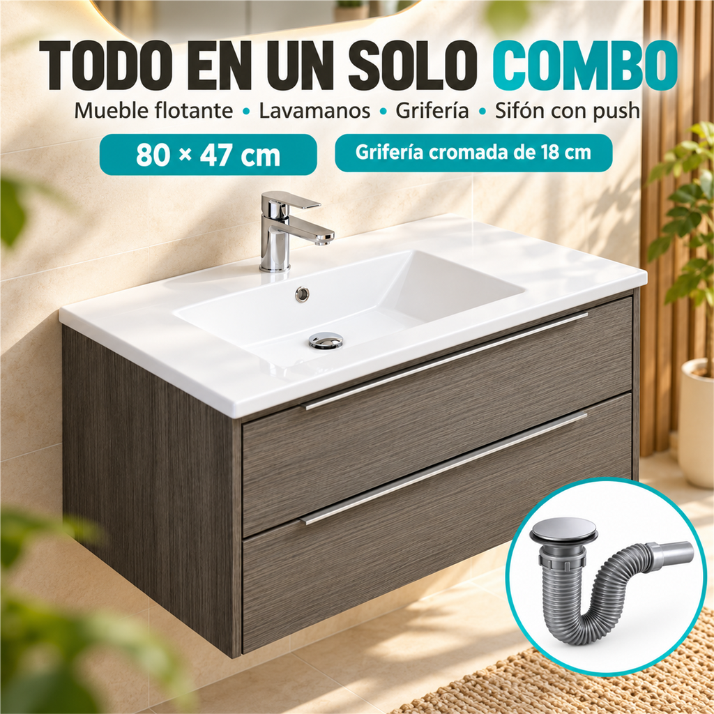 Combo de baño gris con mueble flotante, lavamanos, grifería y sifón push: características
