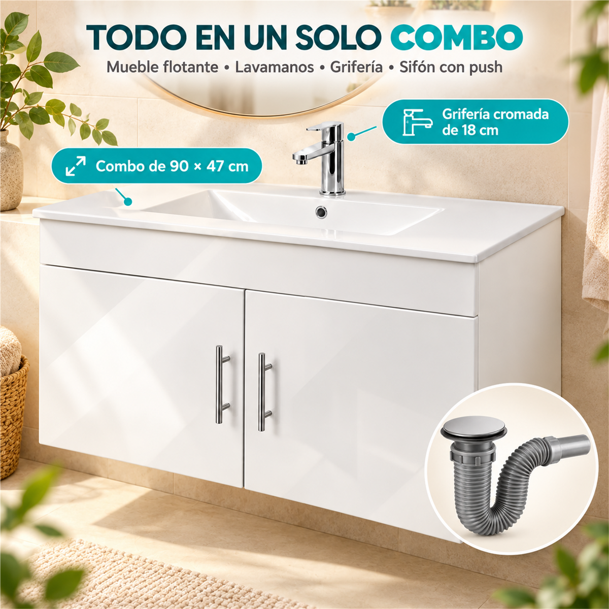 Características del combo con mueble, lavamanos, grifería y sifón push