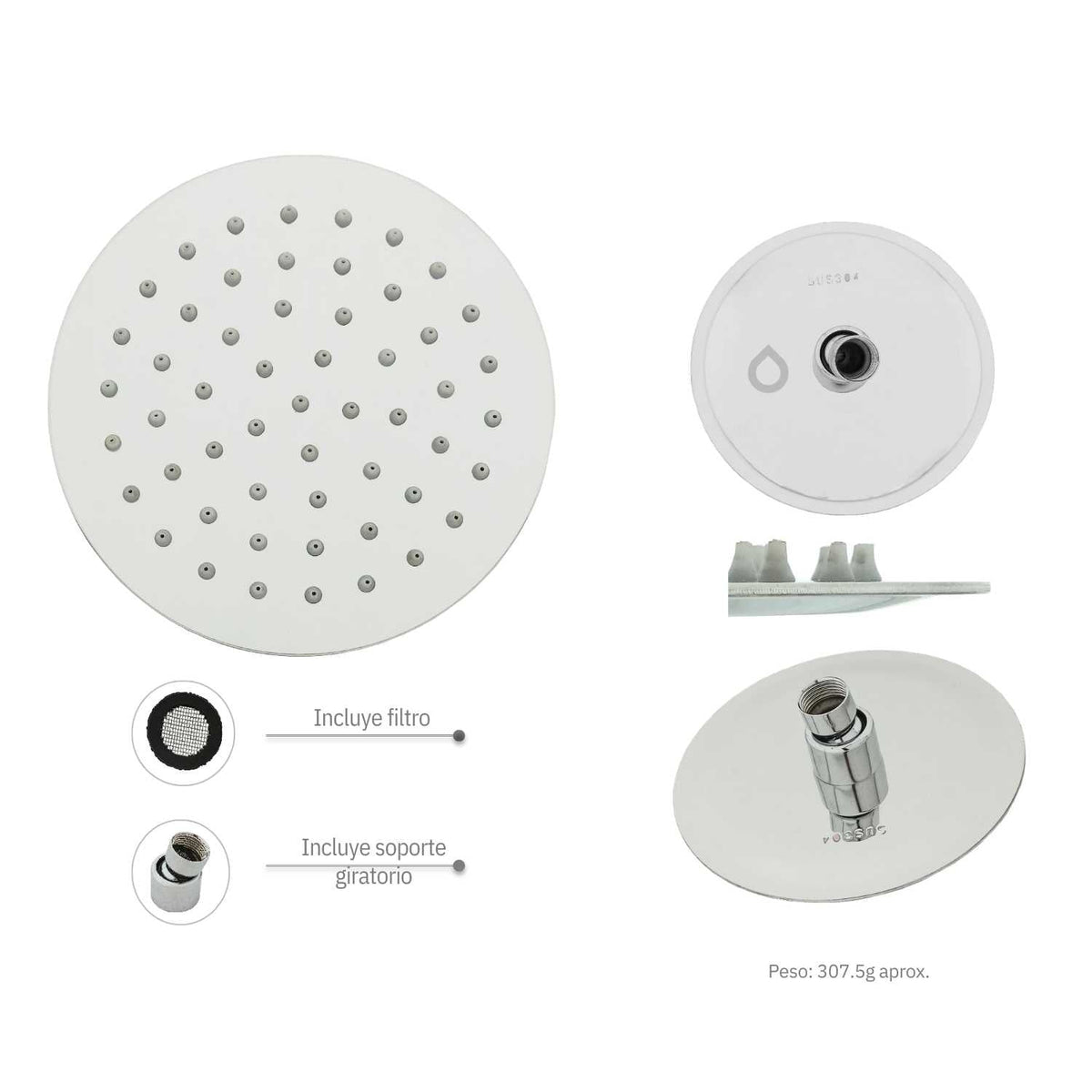 Regadera fija redonda cromada de 15 cm sin tubo, detalle del producto