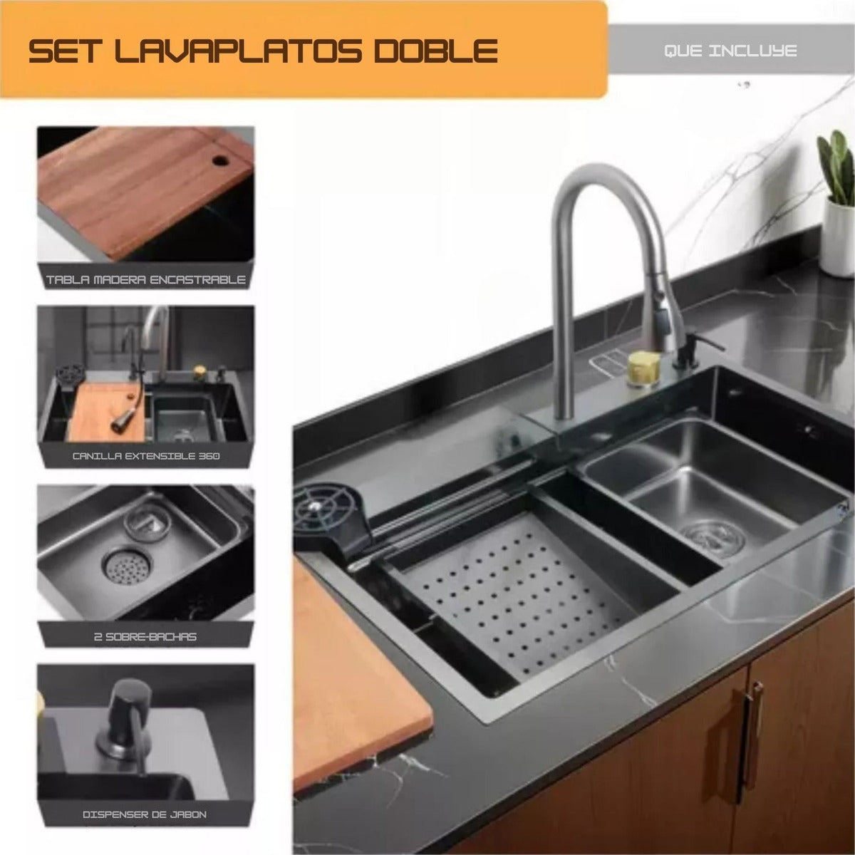 Lavaplatos Doble Poceta Negro Acero Inoxidable 304 75 x 46 cm