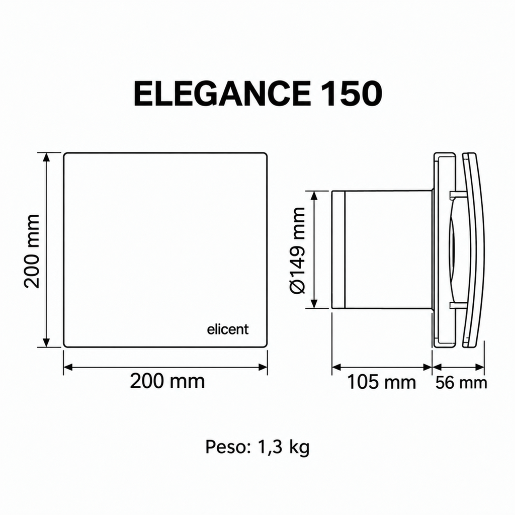 Diagrama de medidas del extractor axial MAICO ELEGANCE 150: frente 200 x 200 mm, conexión Ø149 mm, profundidad 105 mm y D 56 mm