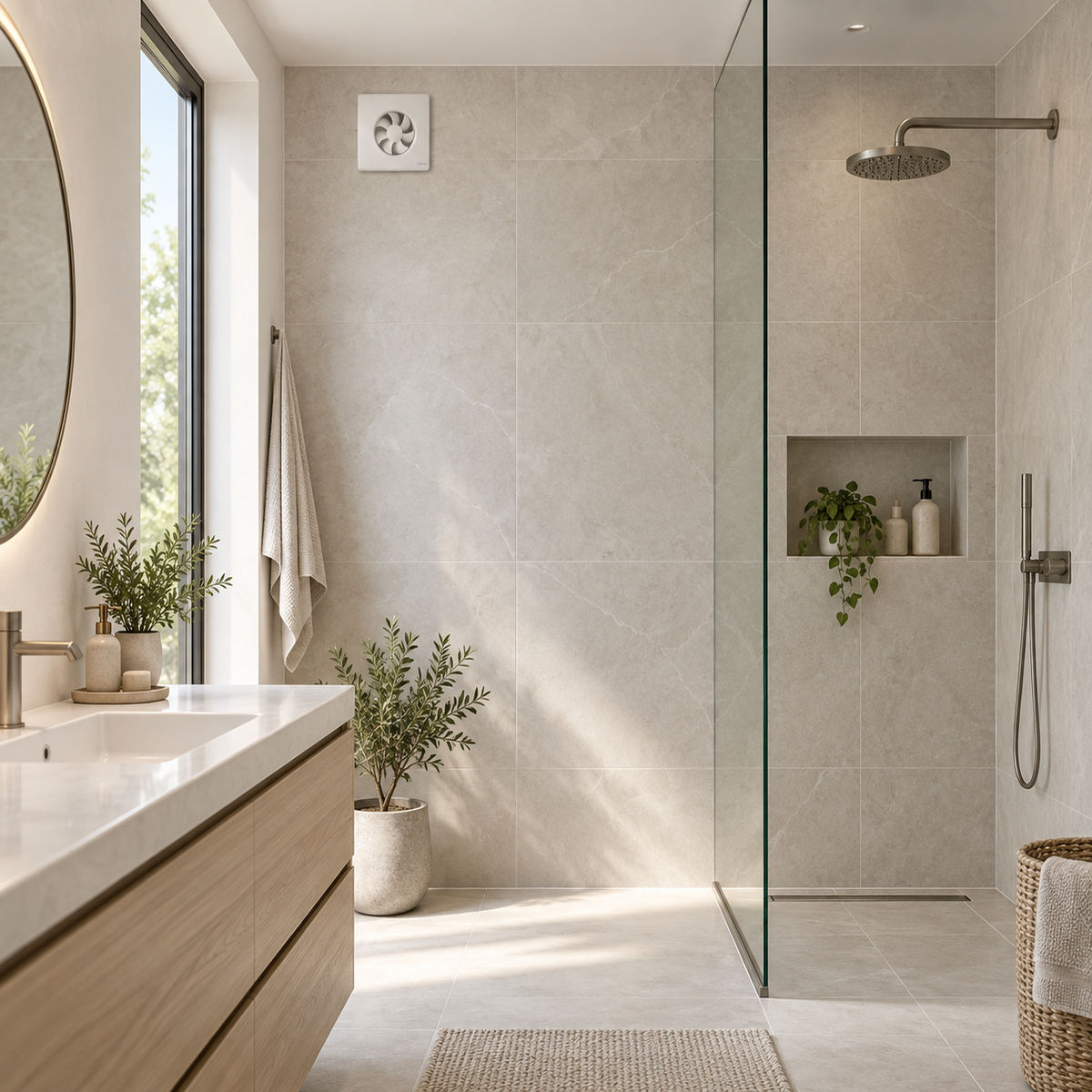 Extractor Emax Plus con Sensor de Humedad instalado en baño moderno