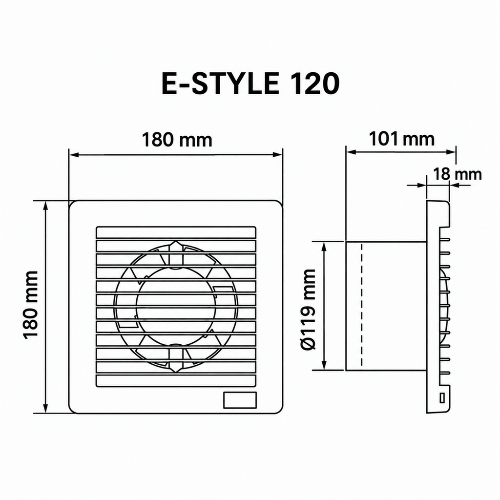 Diagrama de medidas del extractor de aire MAICO E-STYLE 120: 180 x 180 x 101 mm, conexión Ø119 mm