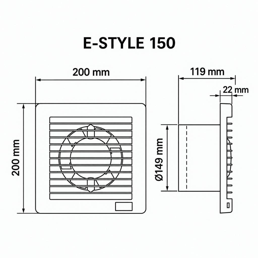 Diagrama de medidas del extractor de aire MAICO E-STYLE 150: 200 x 200 x 119 mm, conexión Ø149 mm