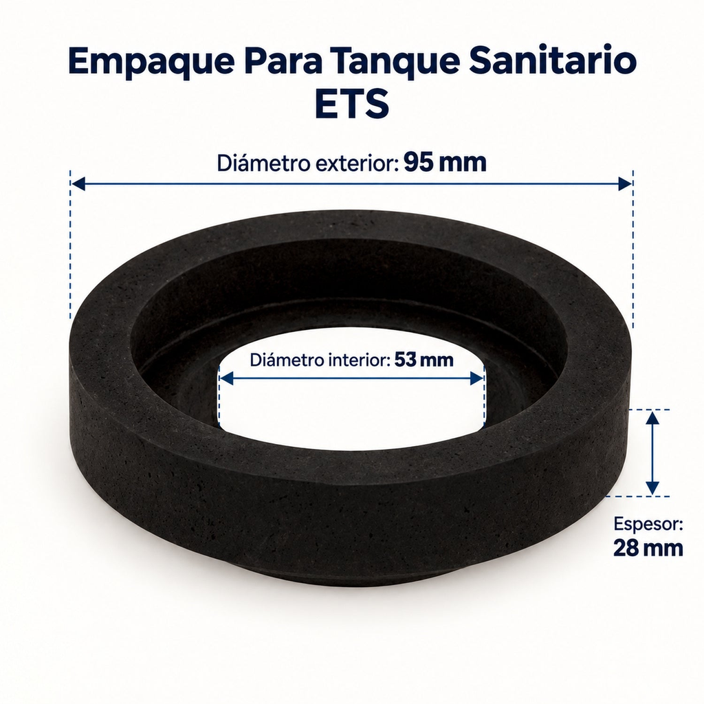 Medidas oficiales del empaque ETS: diámetro exterior 95 mm, interior 53 mm y espesor 28 mm