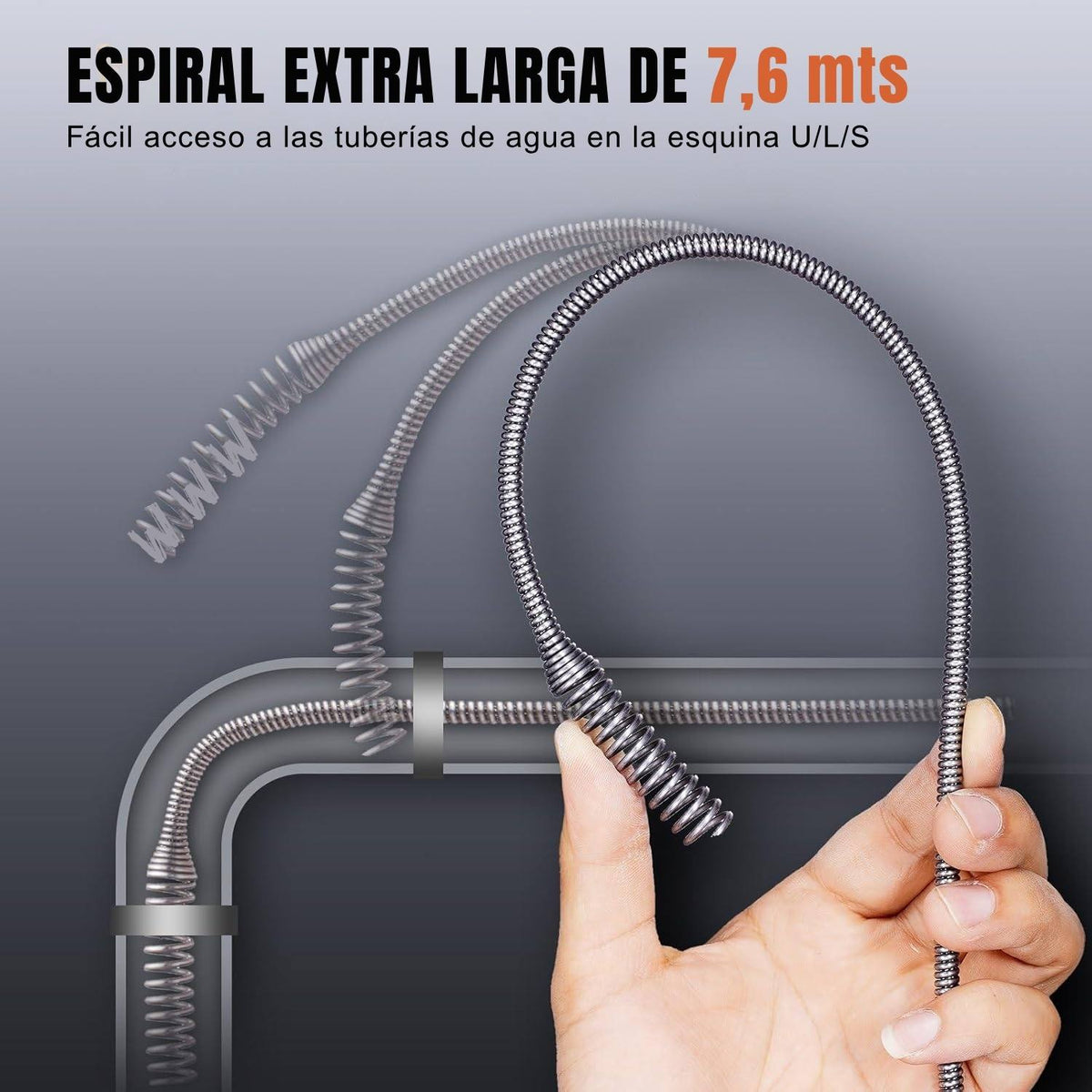 Sonda Destapacaños Manual 7.6m Acero Carbono Punta Espiral