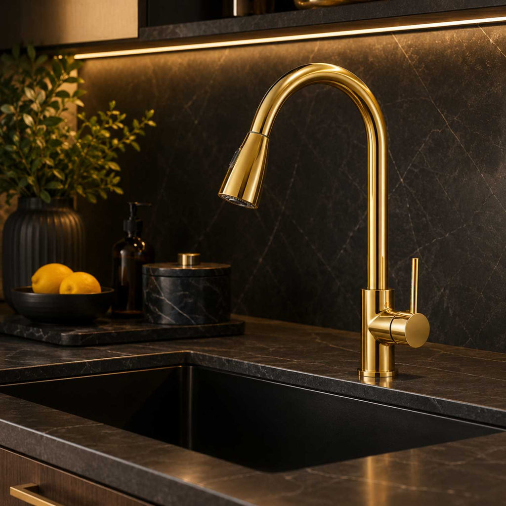 Grifería Monocontrol Lavaplatos Extraíble Oro Brillante
