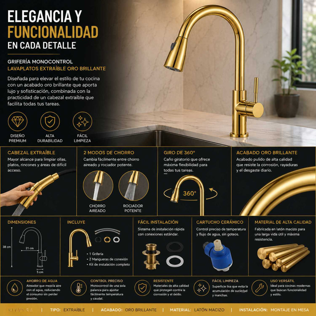 Grifería Monocontrol Lavaplatos Extraíble Oro Brillante
