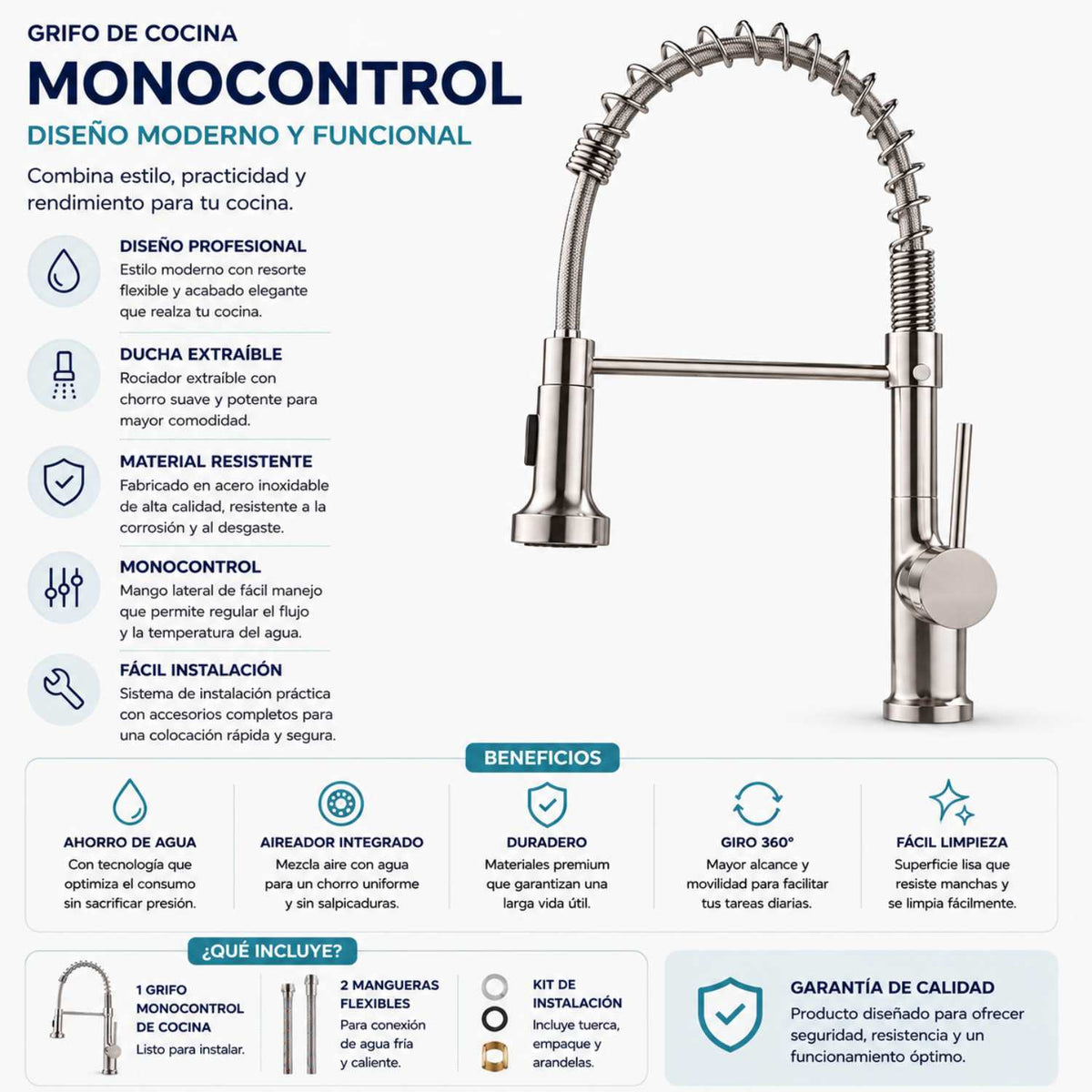Grifería Monocontrol Lavaplatos Resorte Extraíble Acero 304