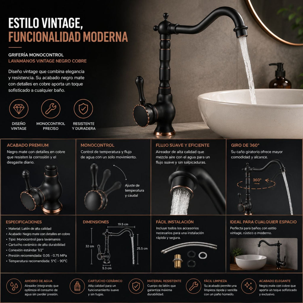 Grifería Monocontrol Nissa Negro Cobre Vintage Para Lavamanos