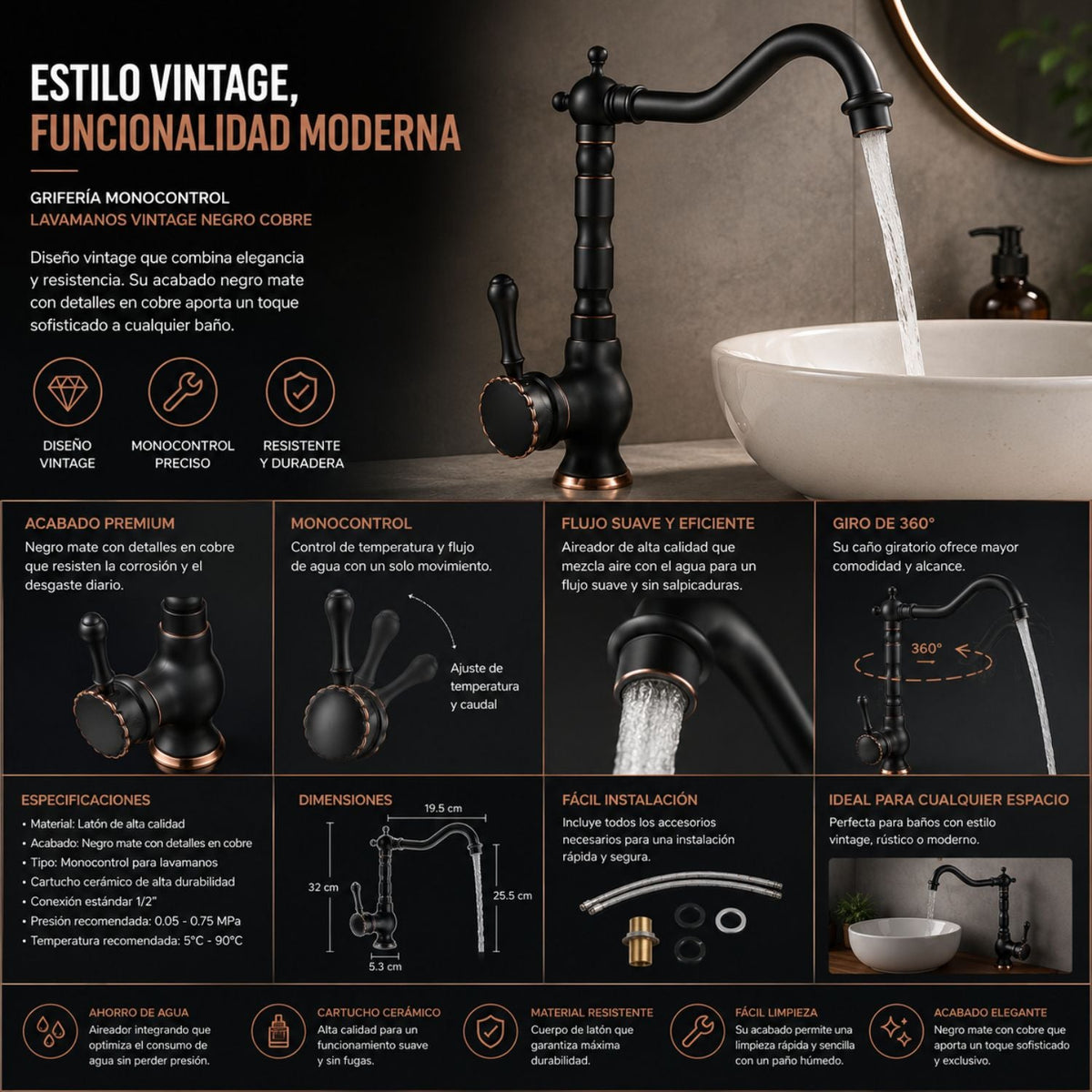 Grifería Monocontrol Nissa Negro Cobre Vintage Para Lavamanos