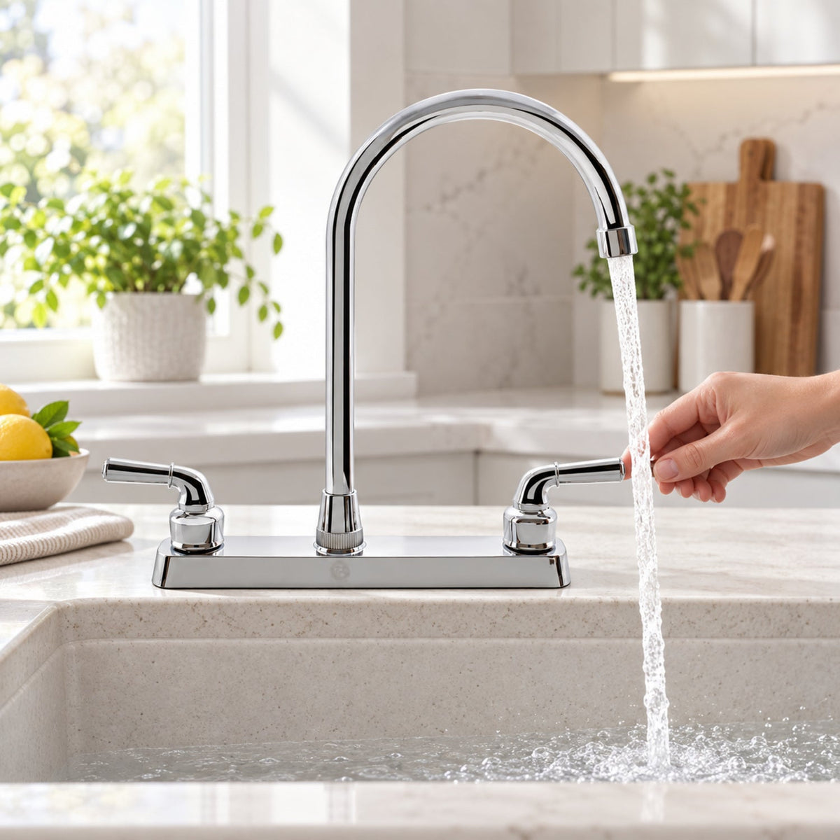 Mezclador de cocina cromado de cuello alto en uso con agua
