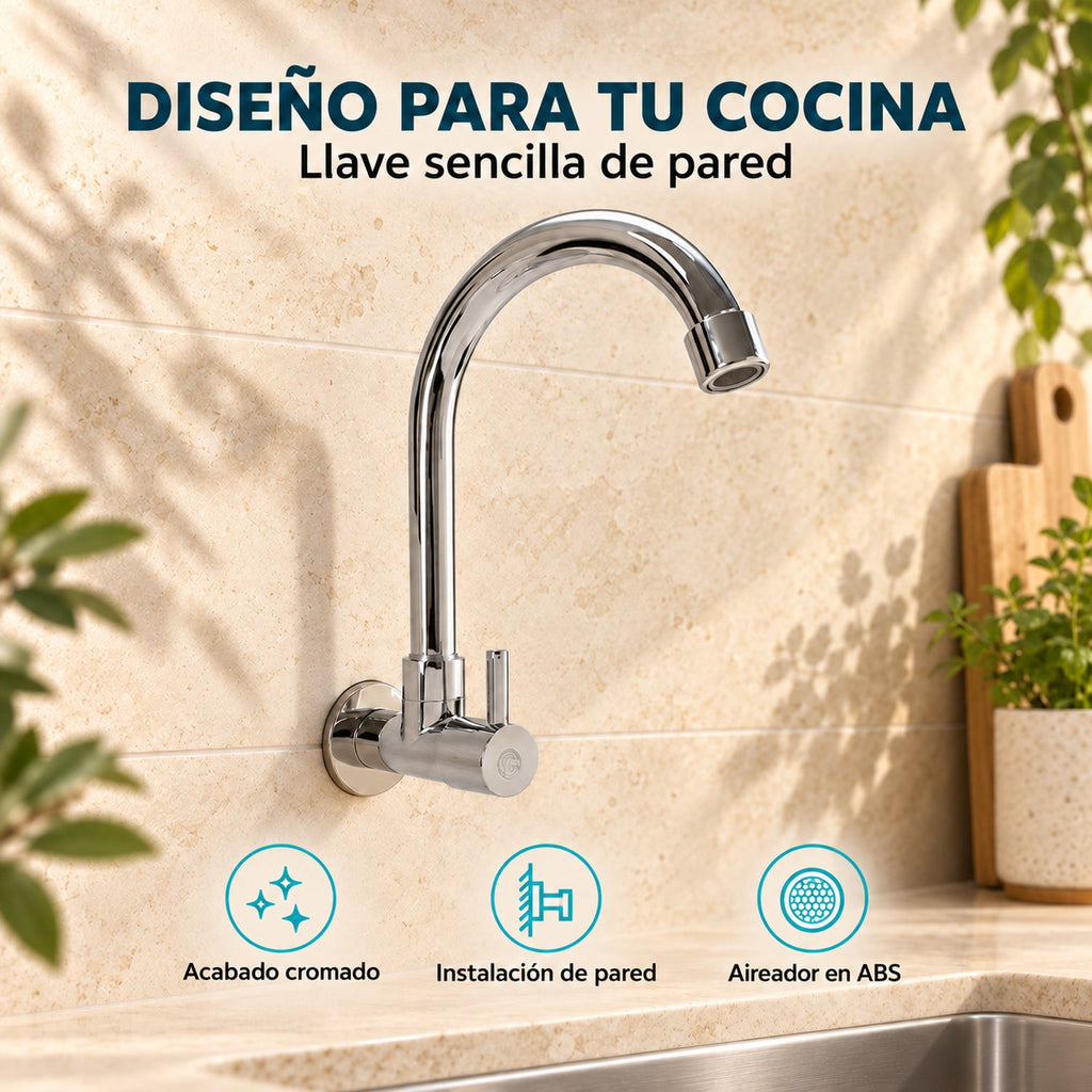 Llave cromada de pared con aireador en ABS