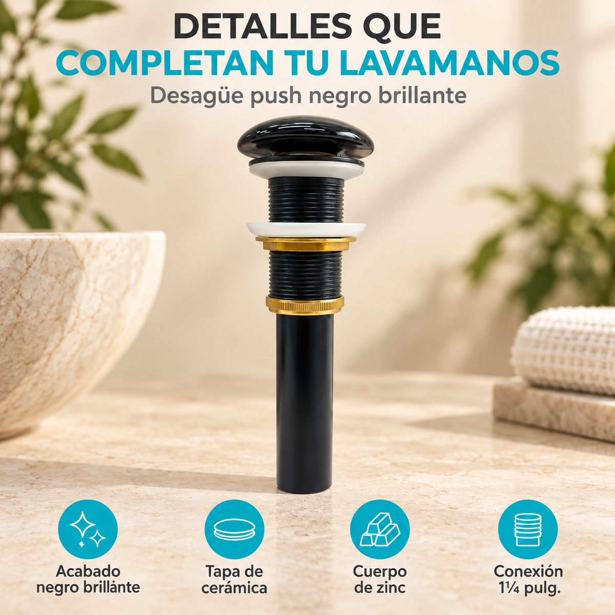 Características del desagüe push negro brillante