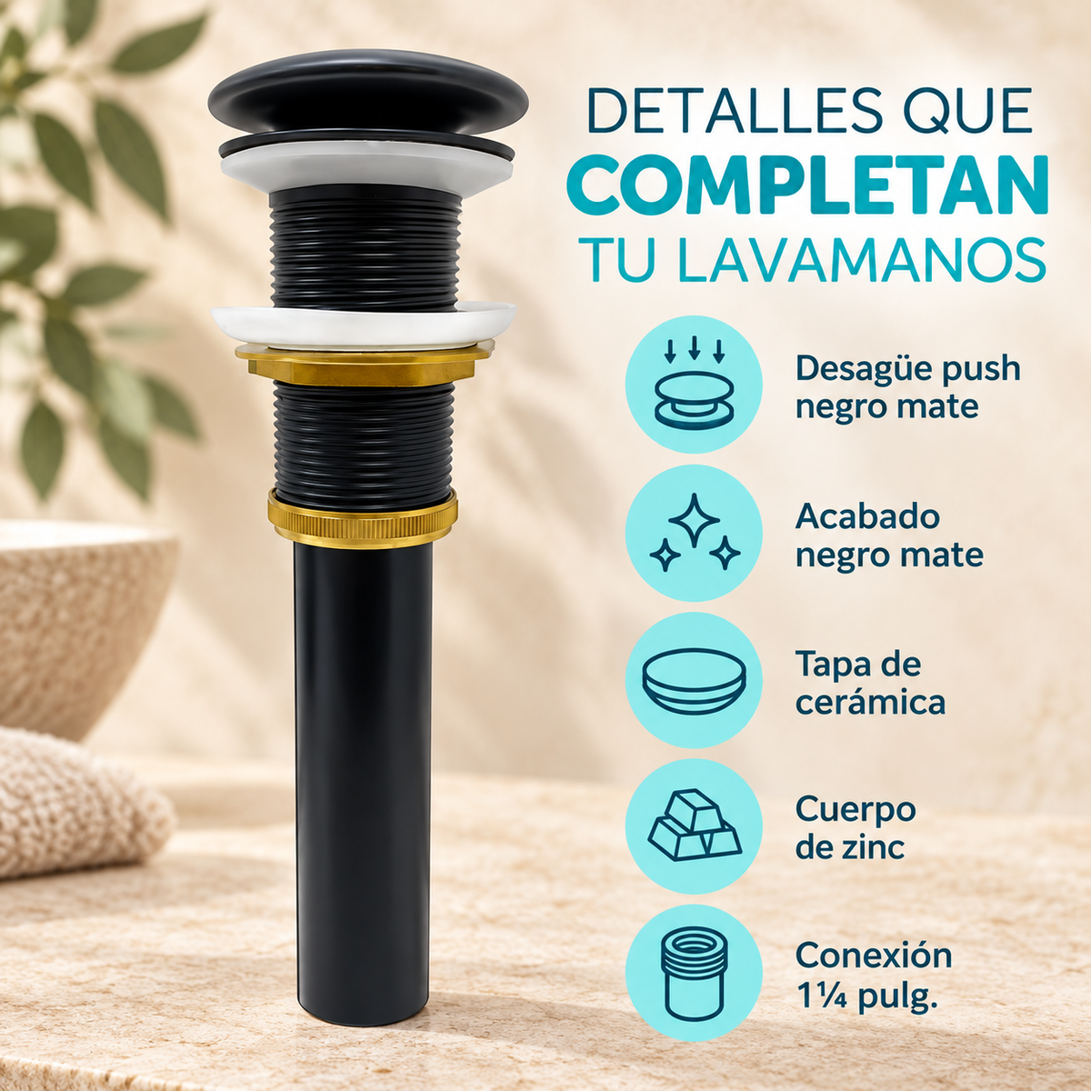 Características del desagüe push negro mate