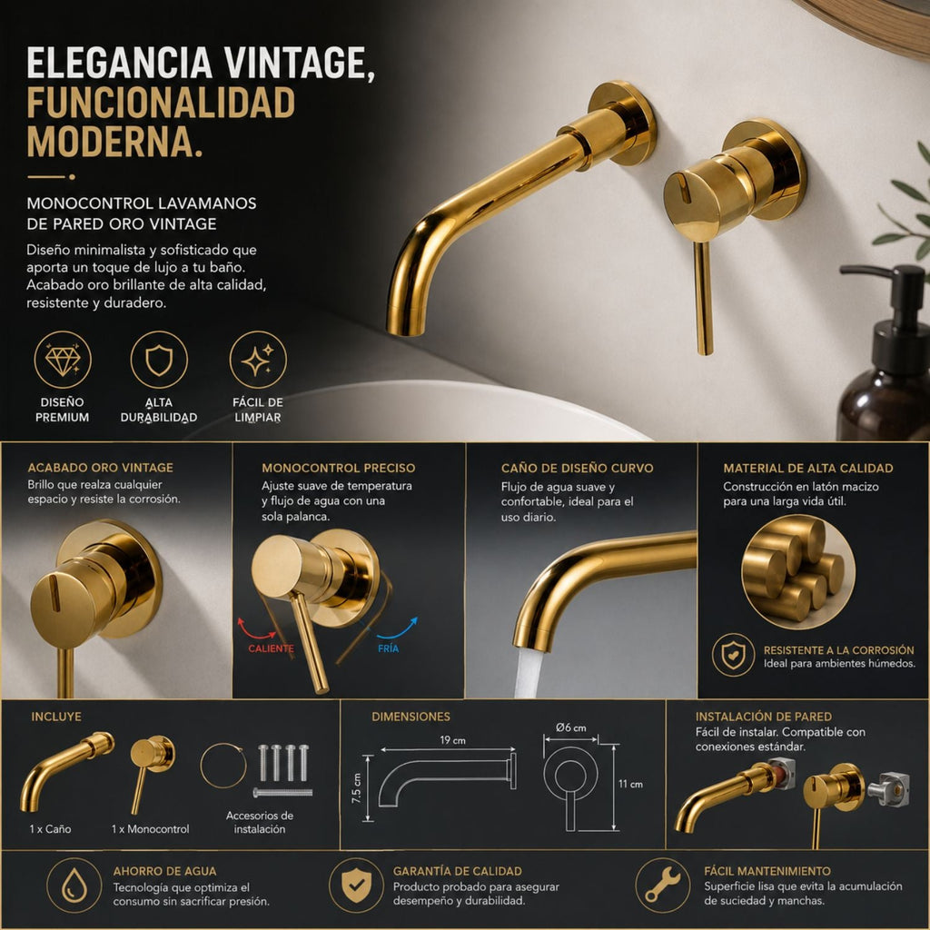 Grifería Monocontrol Lavamanos De Pared Oro Vintage
