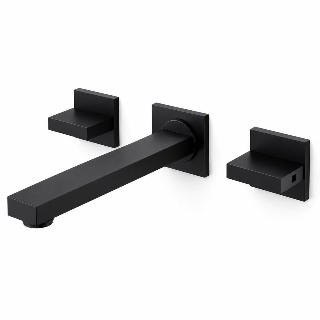 Grifería Monocontrol Para Lavamanos De Pared Cuadrada Negro Mate sobre fondo blanco