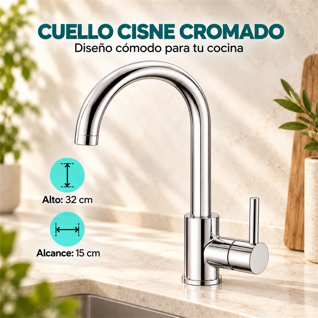 Grifería cromada de cuello cisne: alto 32 cm y alcance 15 cm