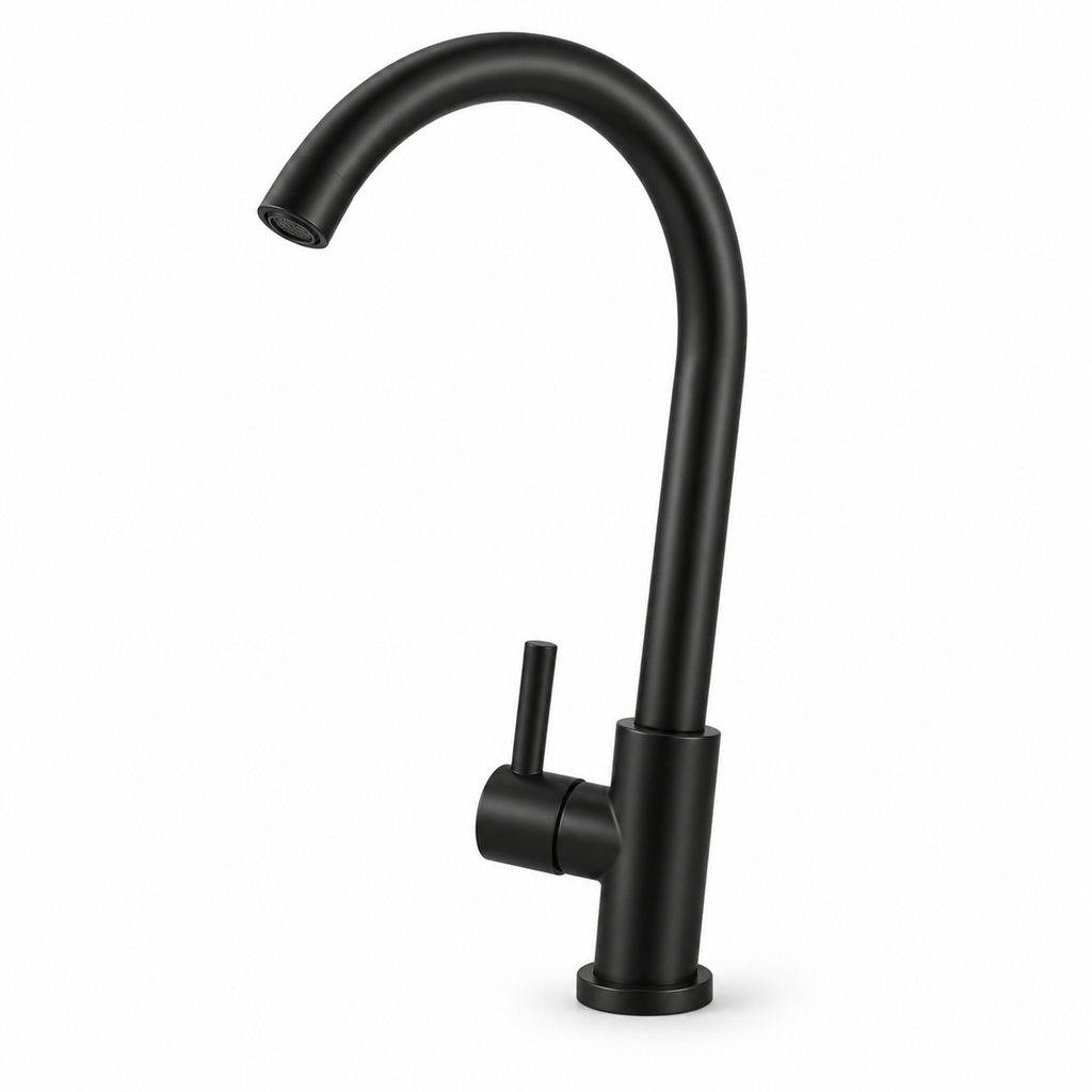 Llave negra mate para lavaplatos sobre fondo blanco
