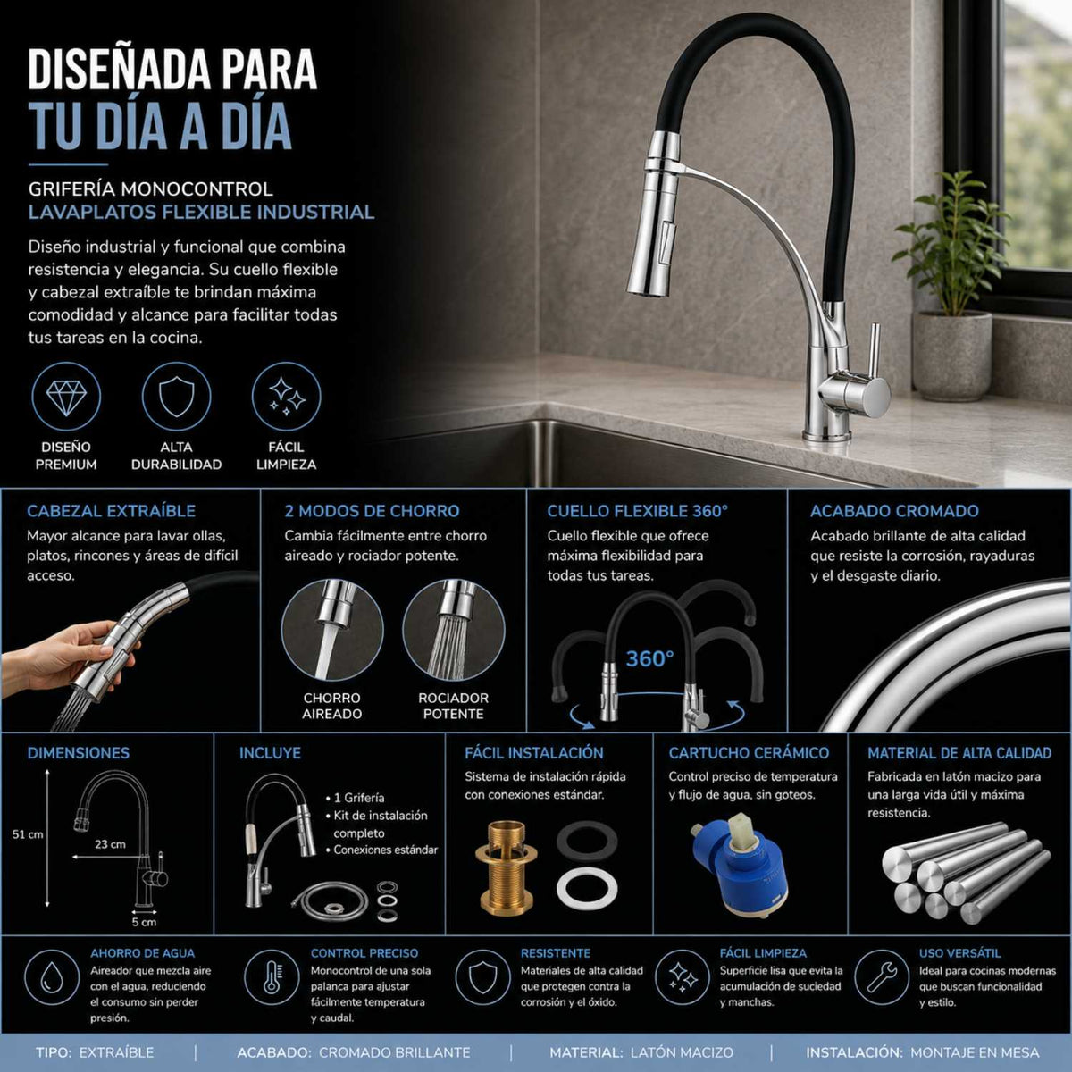 Grifería Monocontrol Lavaplatos Arabia Flexible Industrial