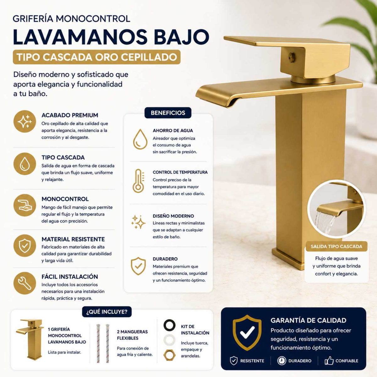 Grifería Monocontrol Lavamanos Cascada Oro Cepillado 19 cm