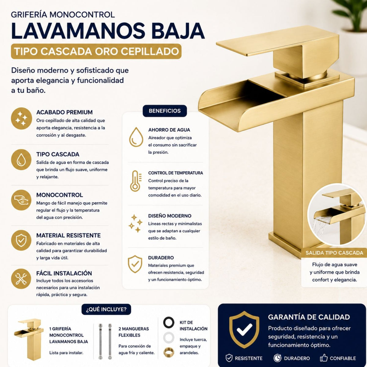 Grifería Monocontrol Lavamanos Cascada Oro Cepillado 20 cm
