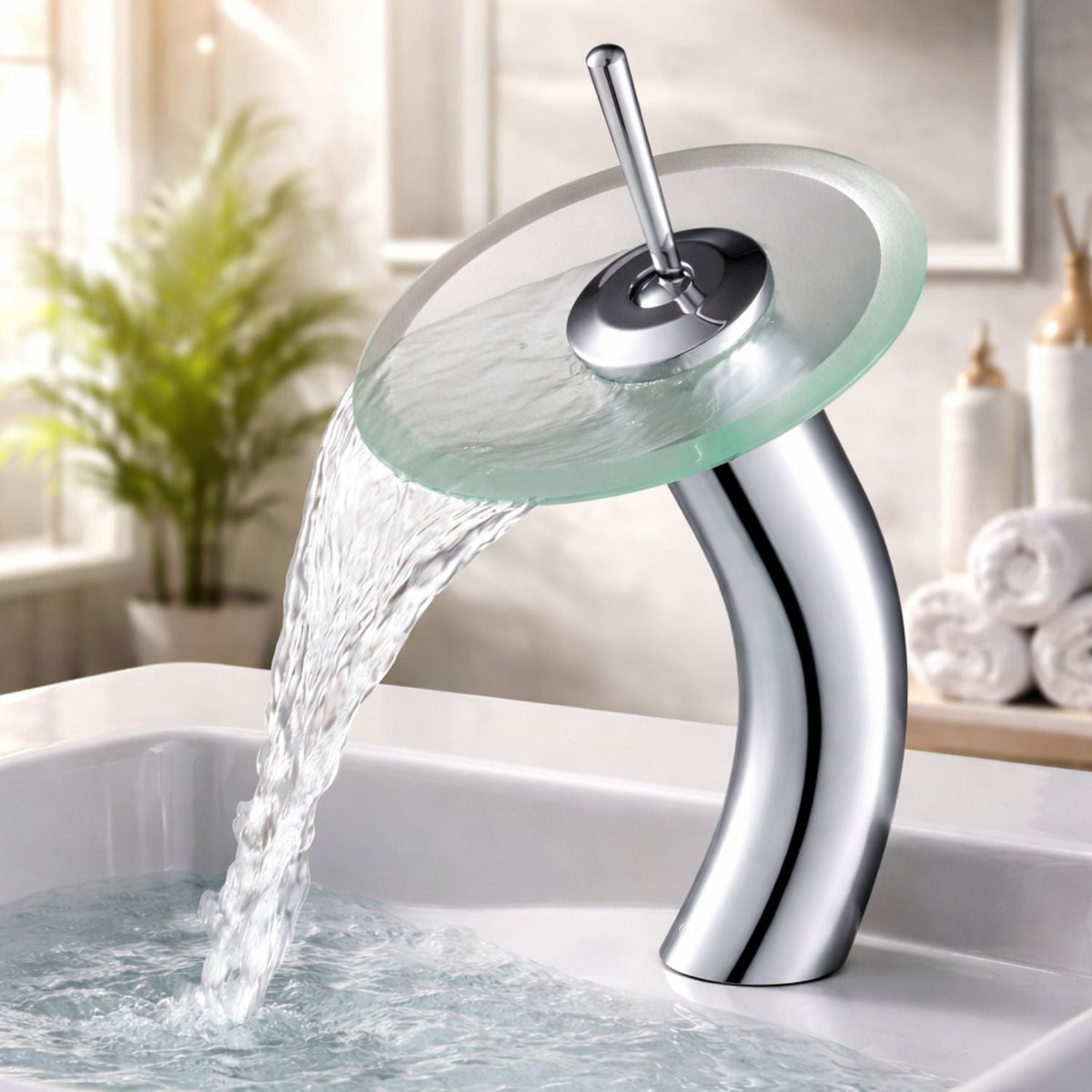 Grifería monocontrol tipo cascada cromada para lavamanos, incluida en el combo de baño