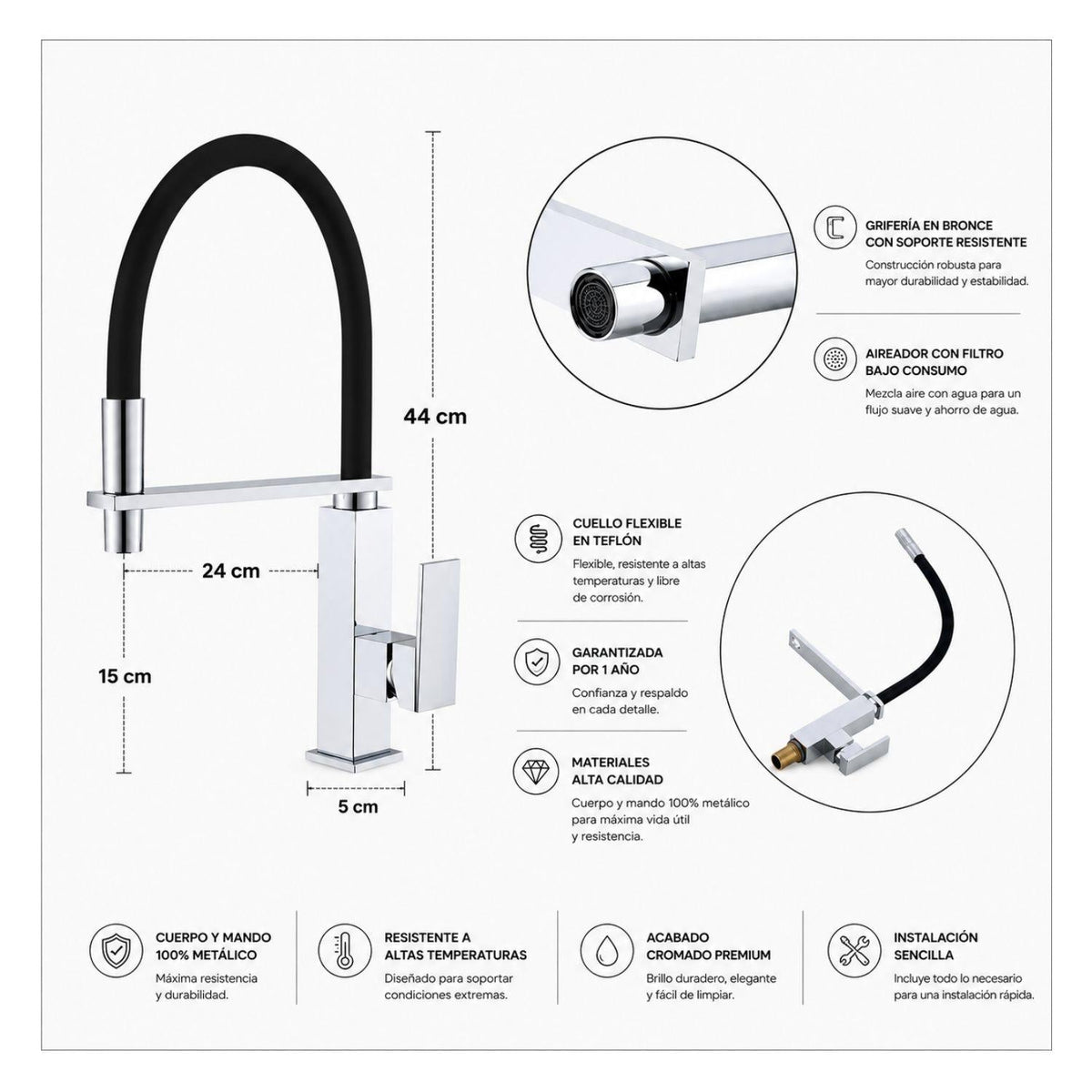 Grifería Lavaplatos Monocontrol Flexible Cromada Elegance Premium