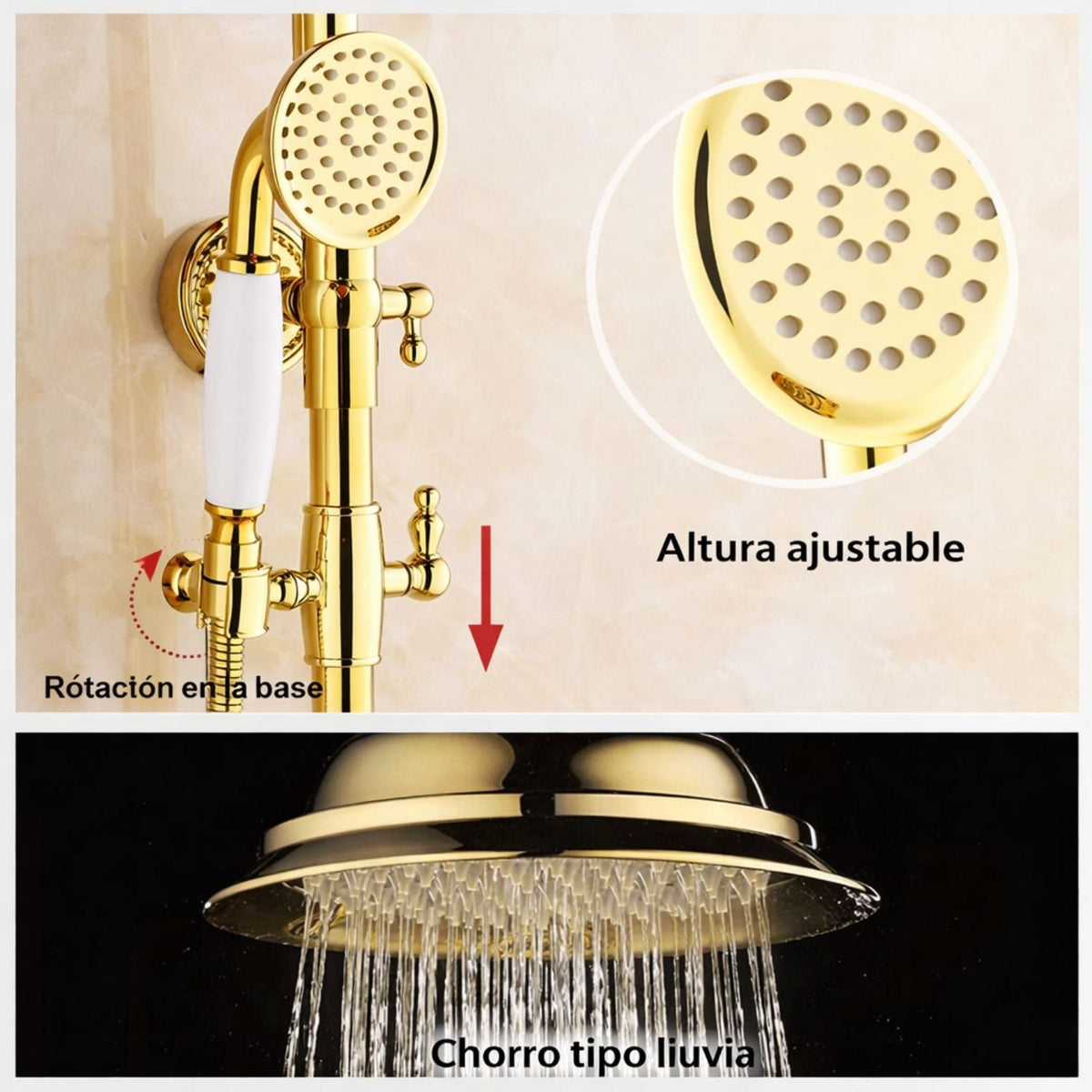 Grifería Monocontrol Ducha Expuesta Egipto Dorada Con Salida A Tina