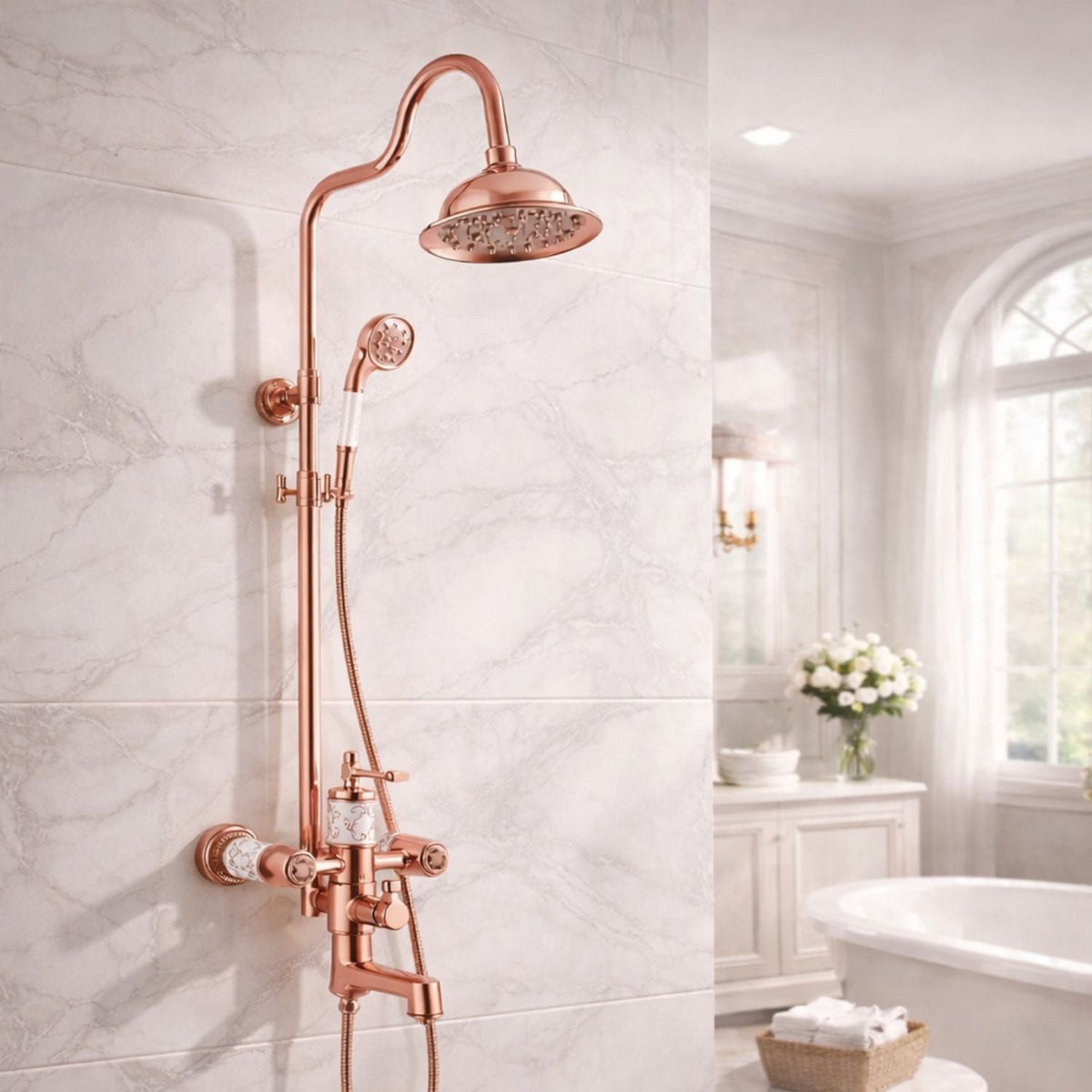 Grifería Ducha Expuesta Vintage Oro Rosa Con Salida A Tina