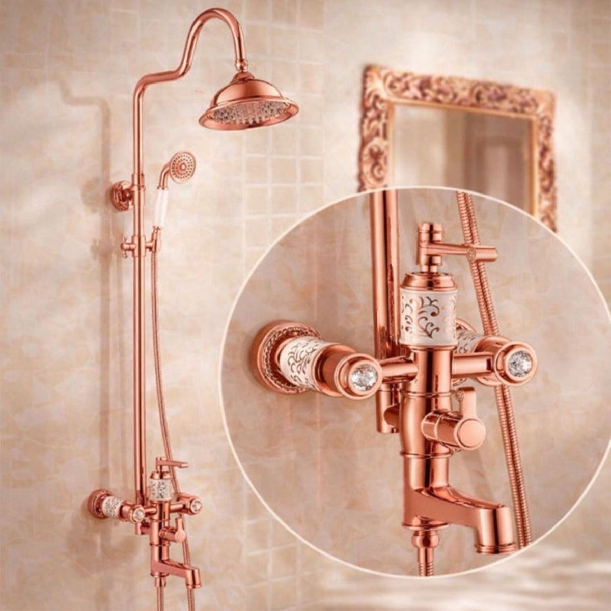 Grifería Ducha Expuesta Vintage Oro Rosa Con Salida A Tina