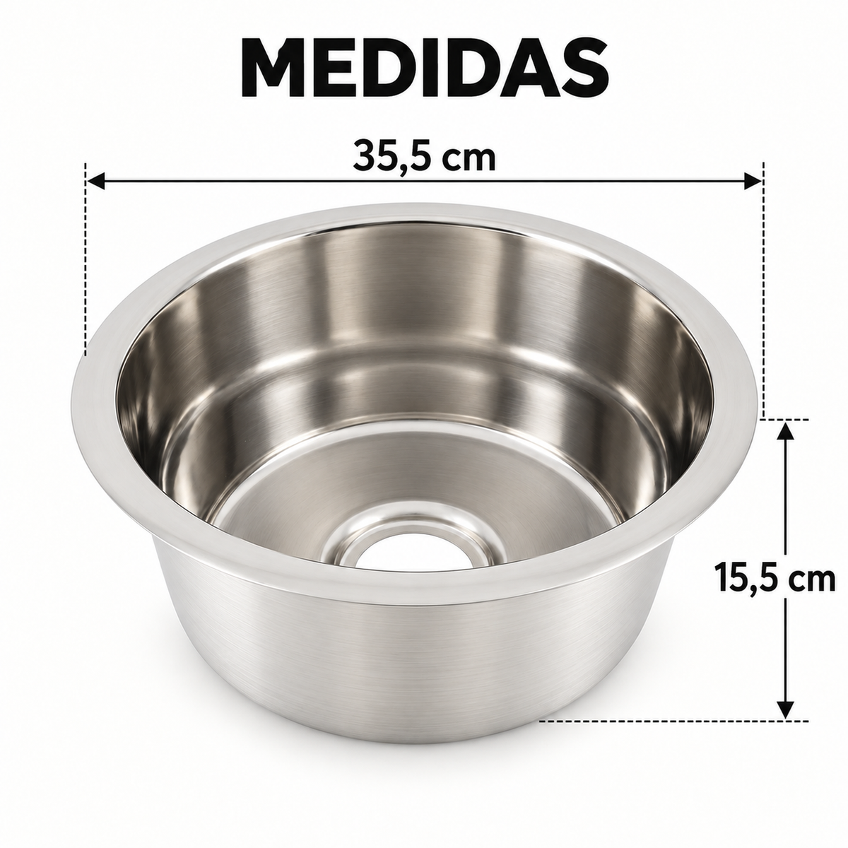 Medidas del lavaplatos: 35,5 cm de diámetro y 15,5 cm de profundidad