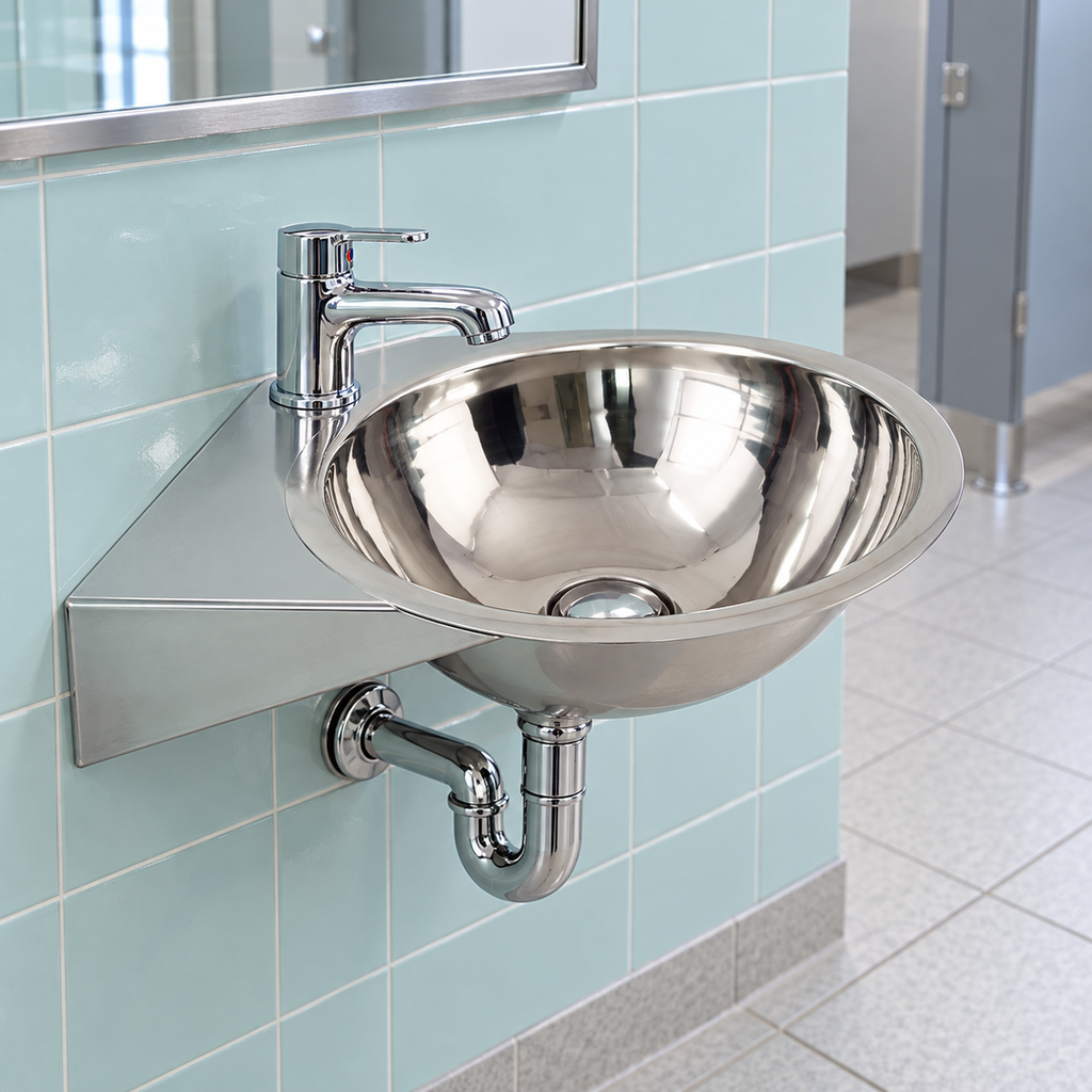 Lavamanos redondo con soporte instalado en baño institucional
