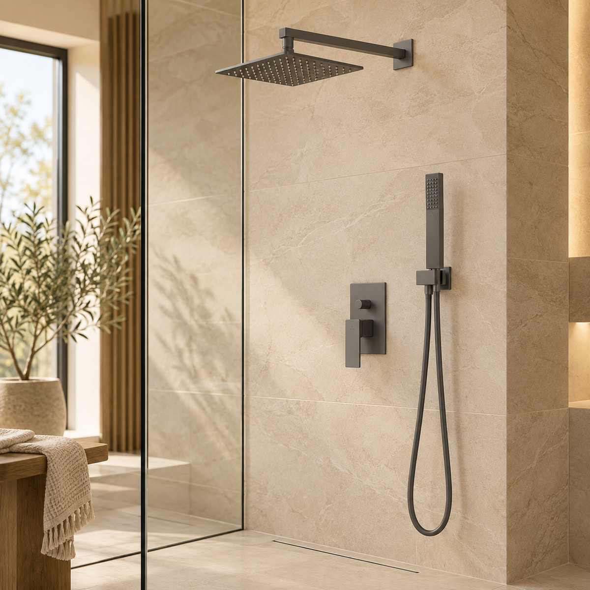 Kit de ducha gris instalado en baño cálido