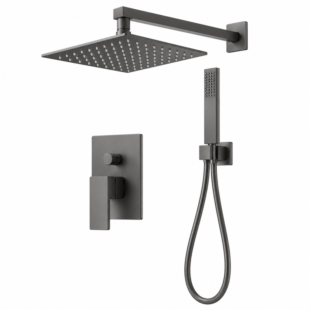 Componentes del kit de ducha gris sobre fondo blanco
