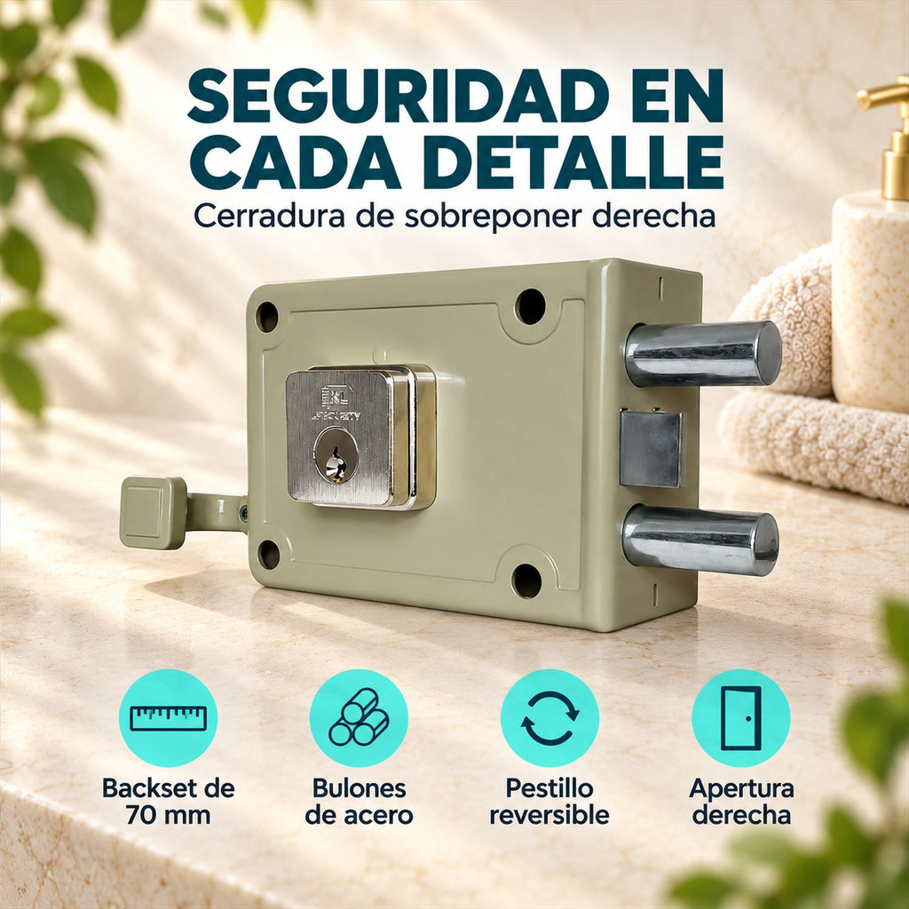 Características de cerradura de sobreponer doble pasador derecha 70 mm