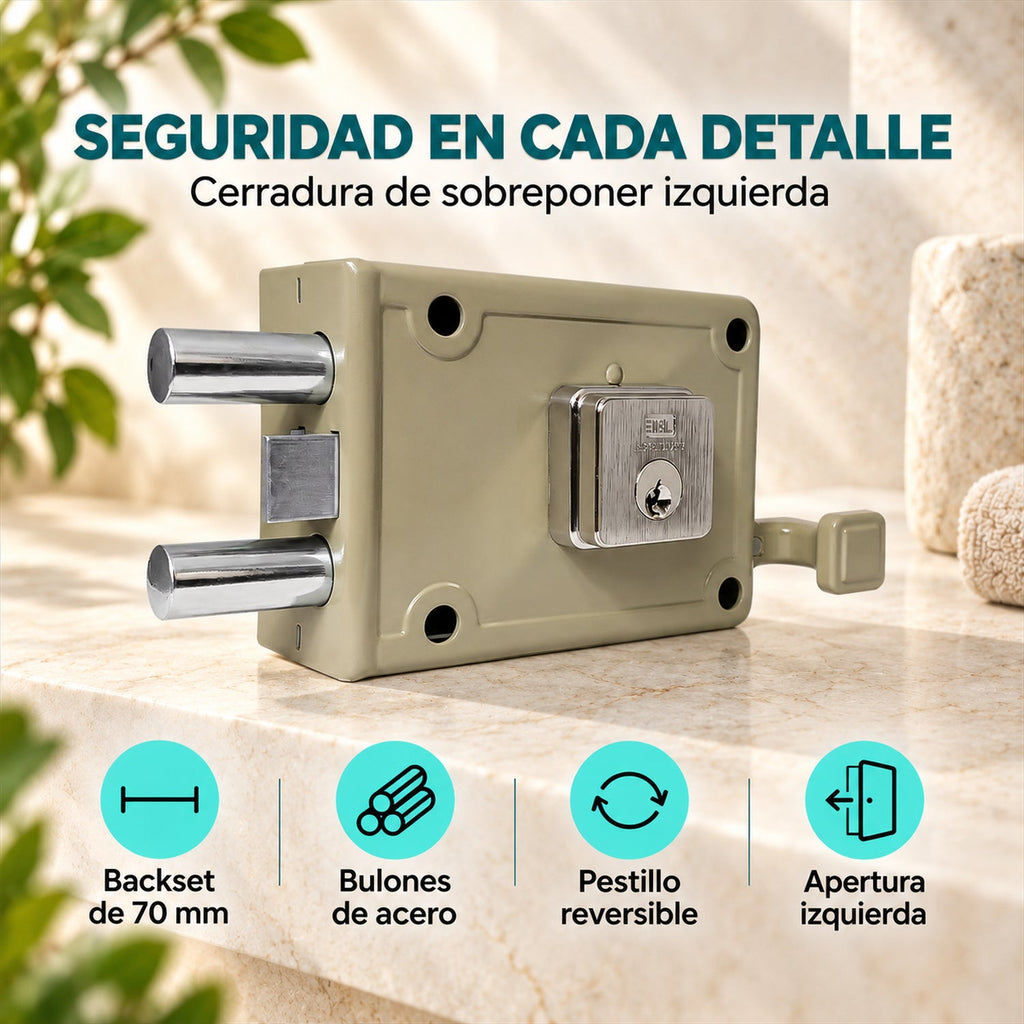 Características de cerradura de sobreponer doble pasador izquierda 70 mm