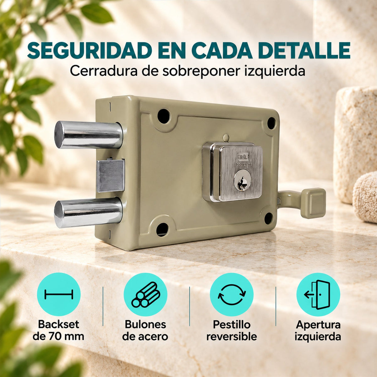 Características de cerradura de sobreponer doble pasador izquierda 70 mm
